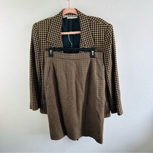 Anne Klein II Brown Houndstooth Skirt Suit Set Vintage Size 12